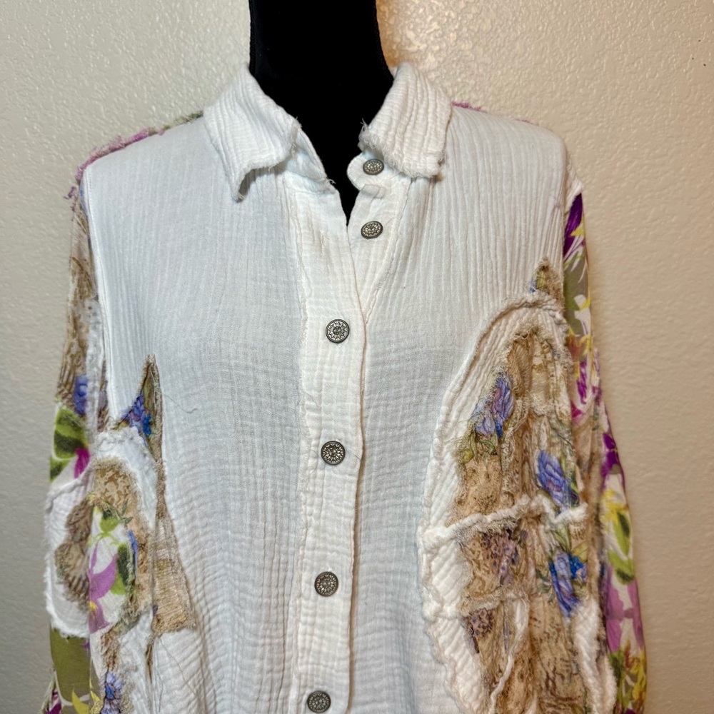 Pol Spliced Patchwork Mixed Media Button Up Boho … - image 3